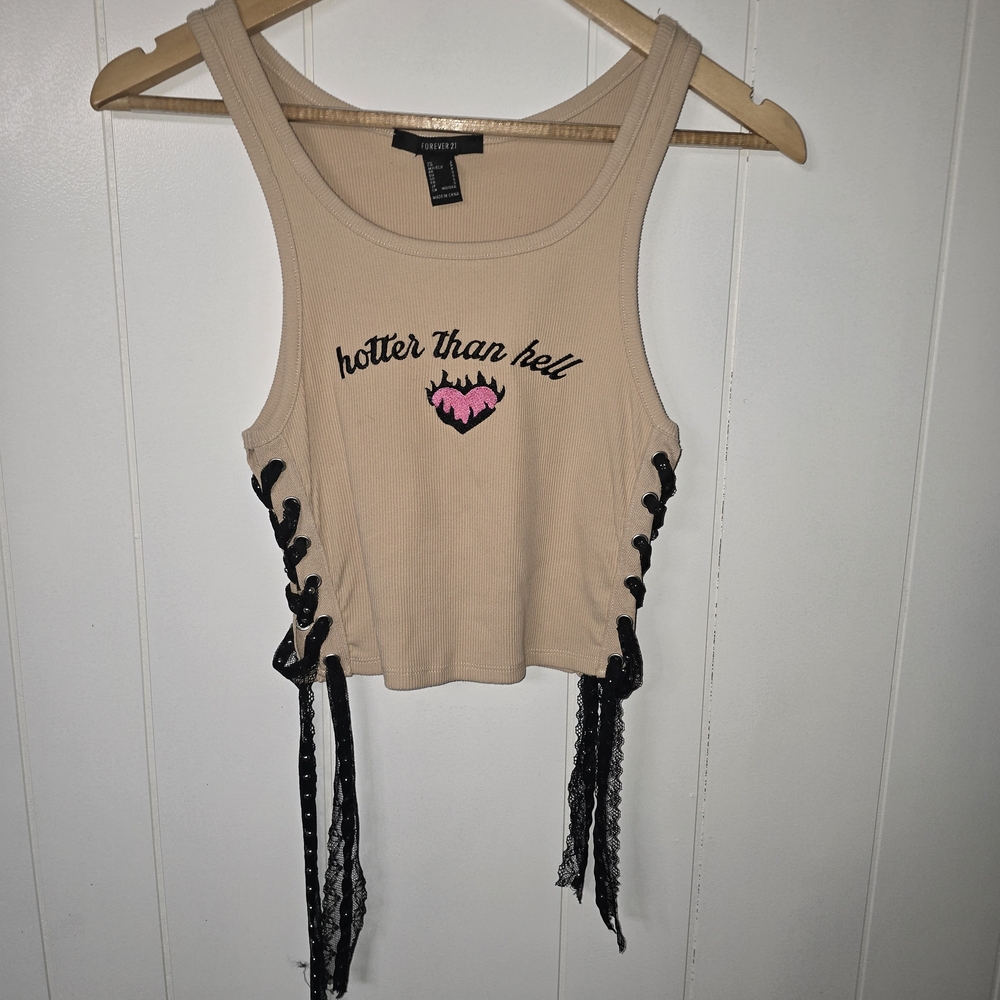 Forever 21 Beige Cropped Ribbed Tank with Pink Heart and Black Lace-Up Sides